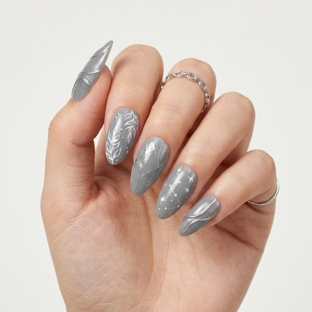 grey 3d chrome almond press on nails star leaf wave mockup 02
