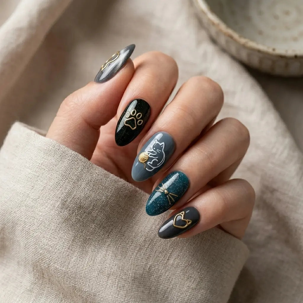 grey black emerald 3d cat eye almond press on nails cat paw print detail 01