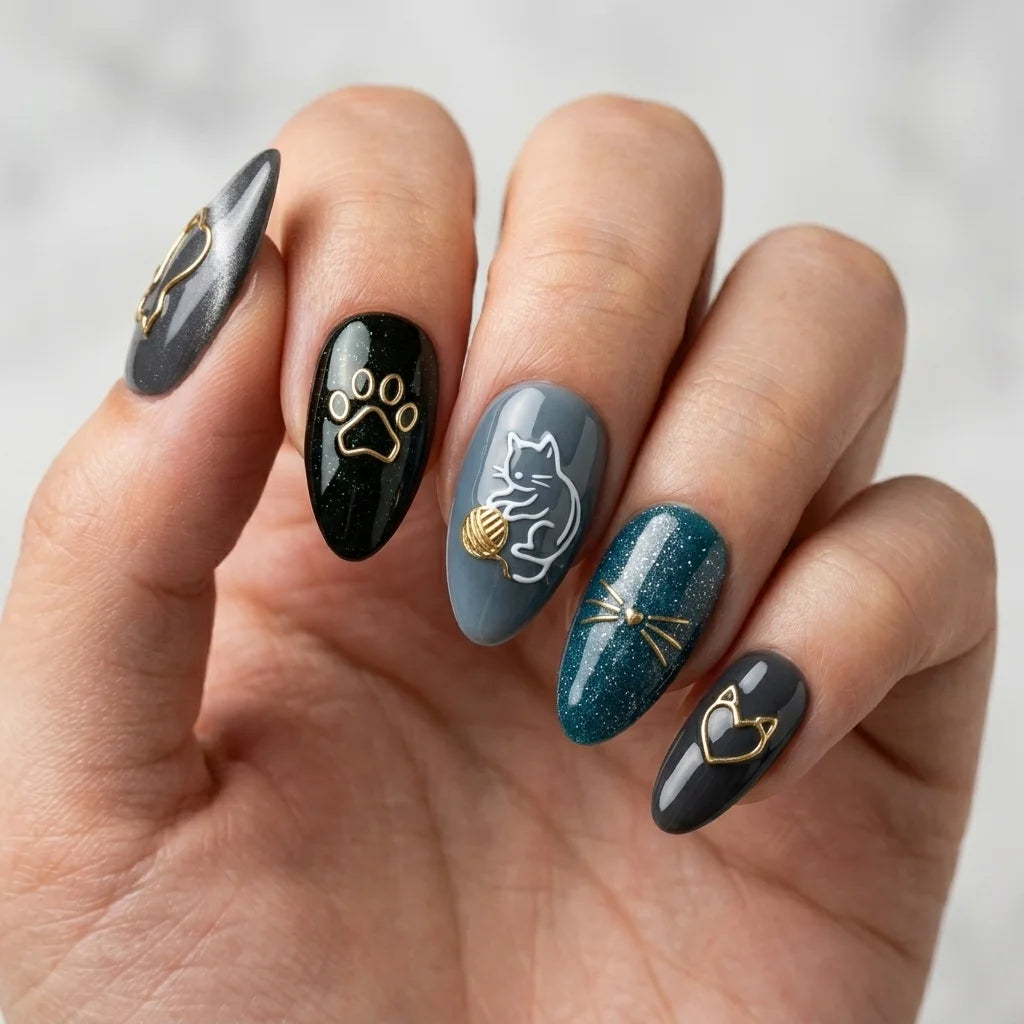 grey black emerald 3d cat eye almond press on nails cat paw print flat lay 01