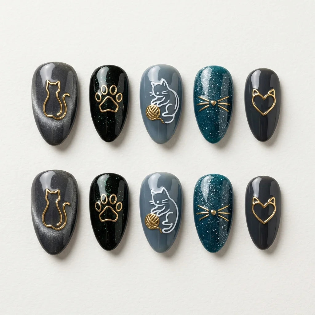 grey black emerald 3d cat eye almond press on nails cat paw print lifestyle 01