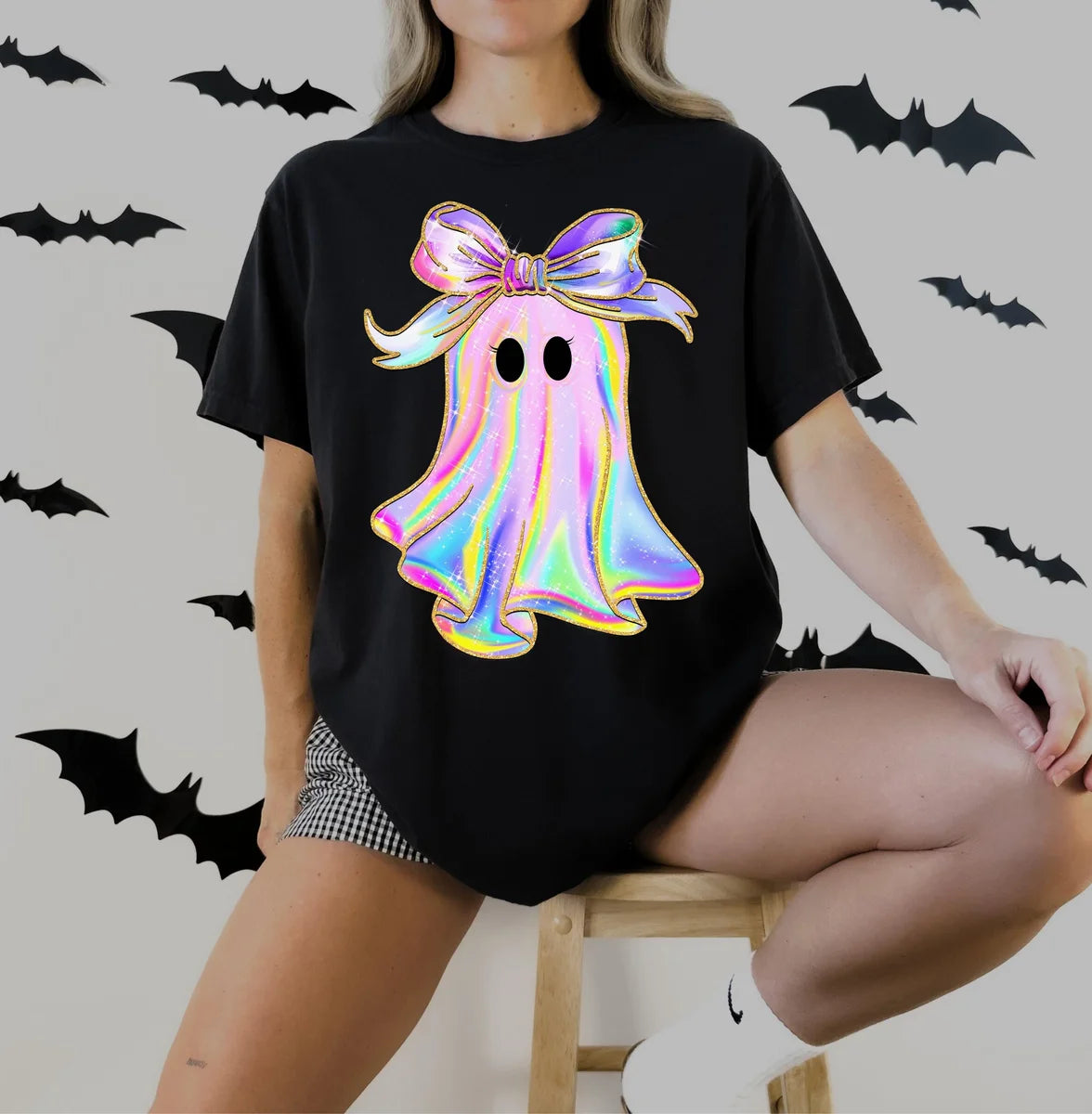 Comfort Colors T-shirt with Halloween printed design; model photo.