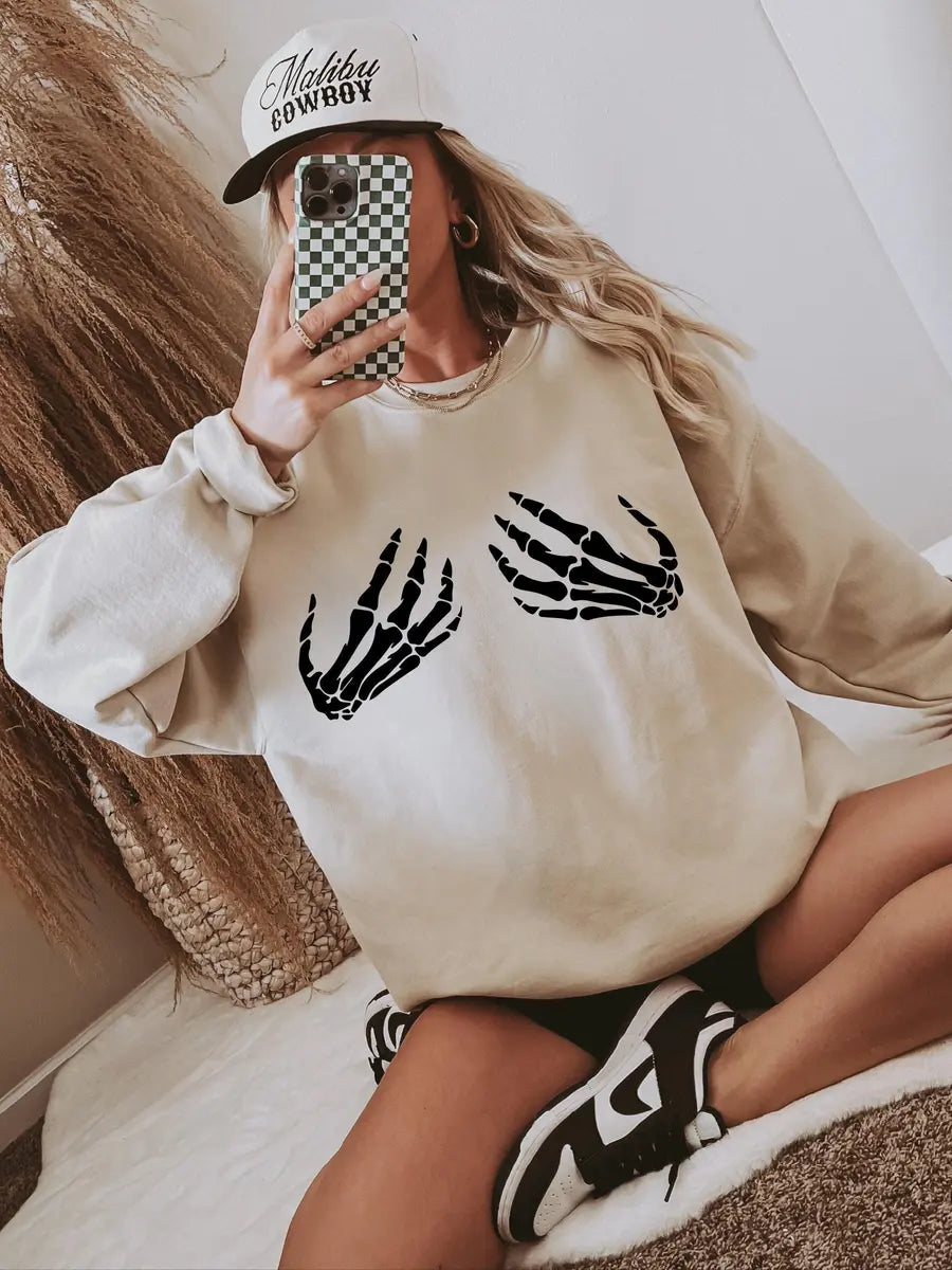 Halloween Skeleton Hand Crewneck Sweatshirt alternate product view.