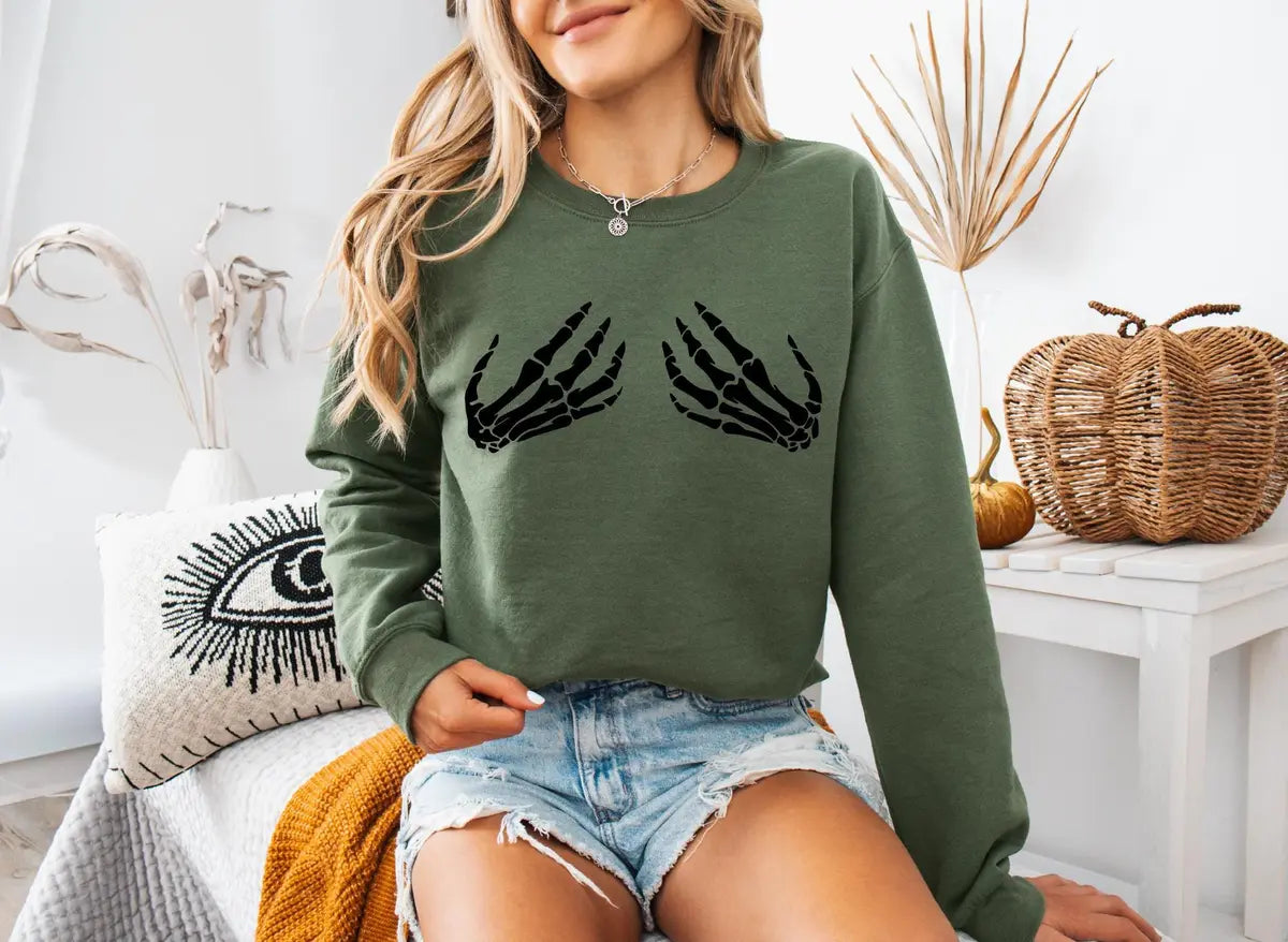 Halloween Skeleton Hand Crewneck Sweatshirt alternate product view.