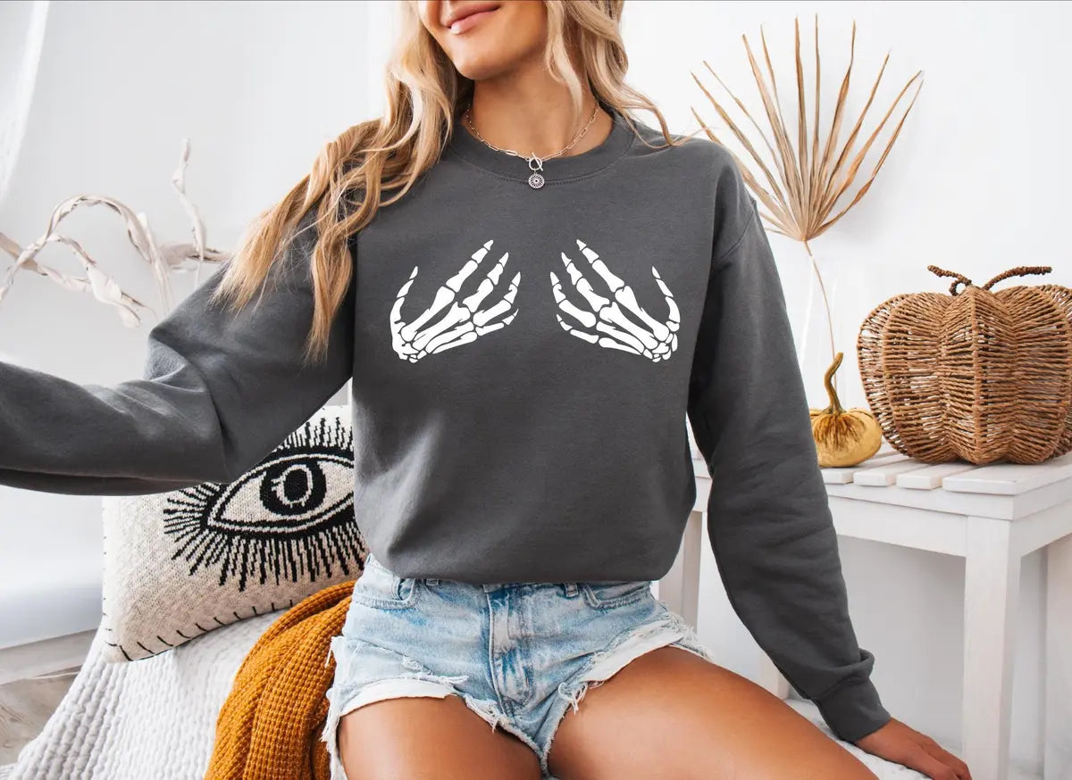 Halloween Skeleton Hand Crewneck Sweatshirt alternate product view.