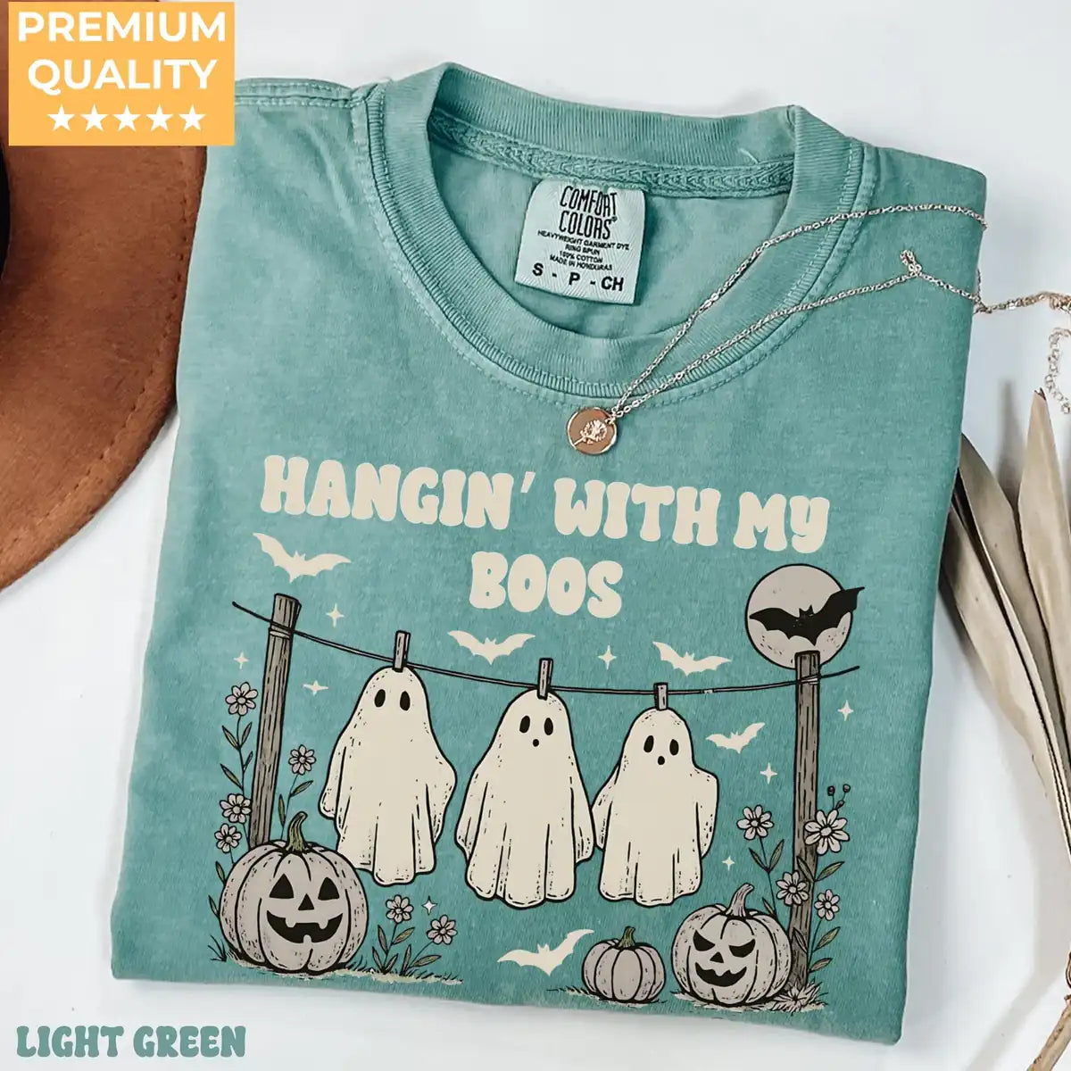 Comfort Colors T-shirt in Pepper color worn by model featuring Hangin With My Boos ghosts on fence graphic