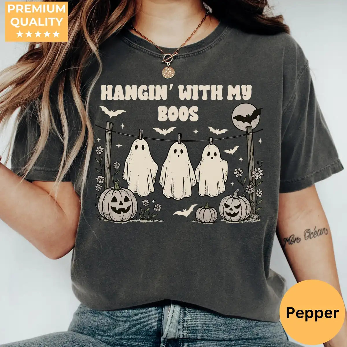 Comfort Colors T-shirt in Moss color featuring Hangin With My Boos ghosts on fence graphic