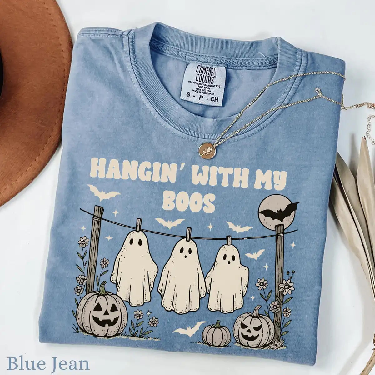 Comfort Colors T-shirt in Crunchberry color featuring Hangin With My Boos ghosts on fence graphic