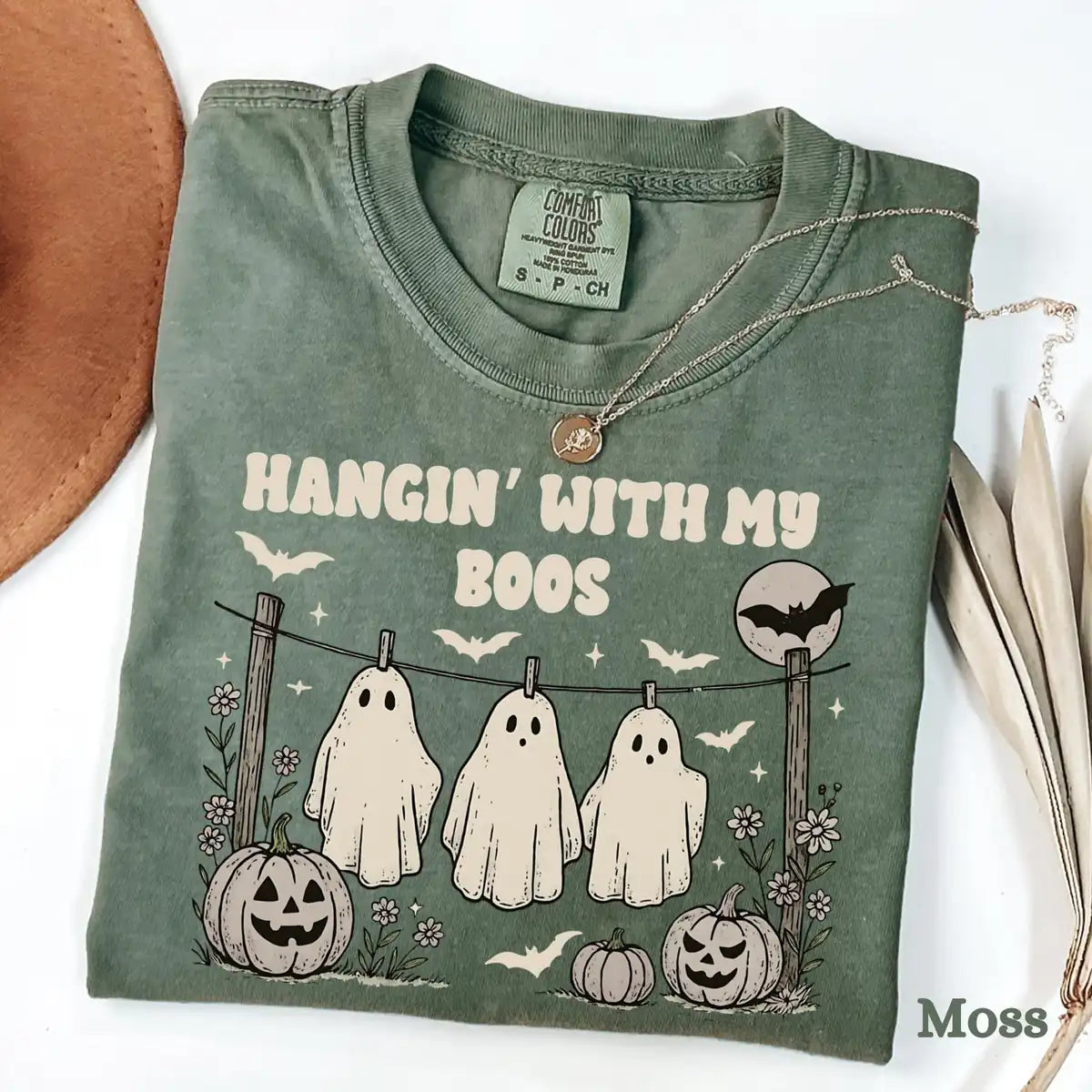 Comfort Colors T-shirt in Ivory color featuring Hangin With My Boos ghosts on fence graphic