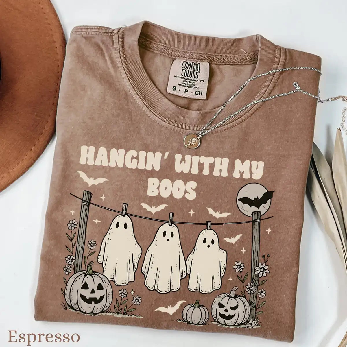 Comfort Colors T-shirt in Pepper color featuring Hangin With My Boos ghosts on fence graphic
