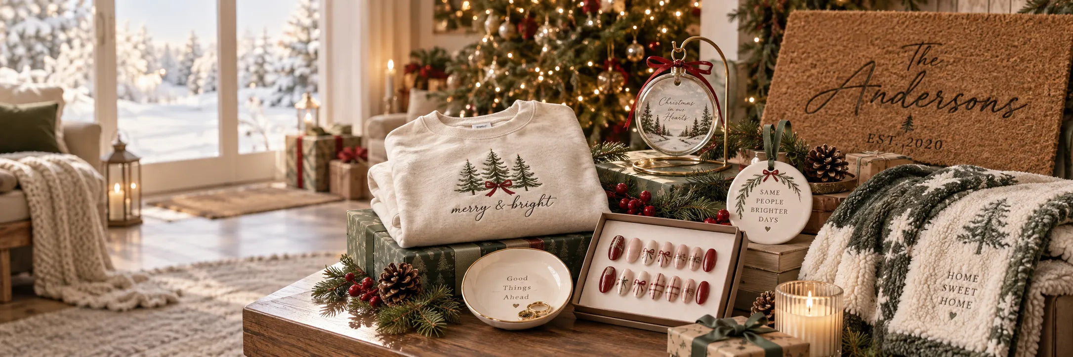 A cozy holiday living room scene with multiple coordinated home decor and apparel items displayed on a table: a cream sweatshirt with a green tree graphic and 'merry & bright' text, a patterned throw blanket, a knitted throw with 'holiday joy' text, a framed holiday nail art set, a small ceramic dish, and a round sign reading 'The Andersone' with smaller text below. The background shows a decorated Christmas tree, candles, lanterns, and a window with a snowy outdoor view.