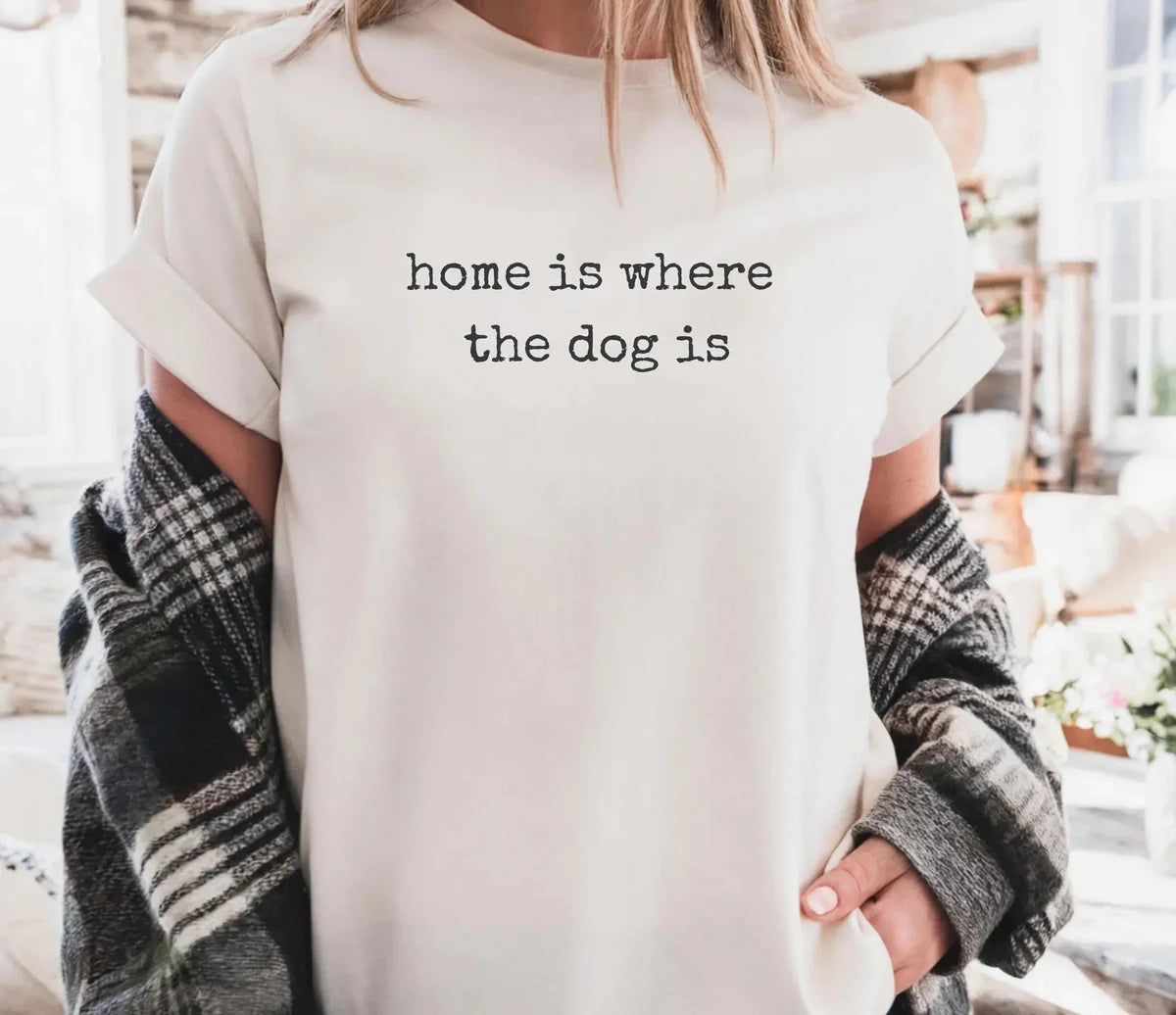 Comfort Colors T-shirt with Home Is Where The Dog Is animal-themed design; model photo.