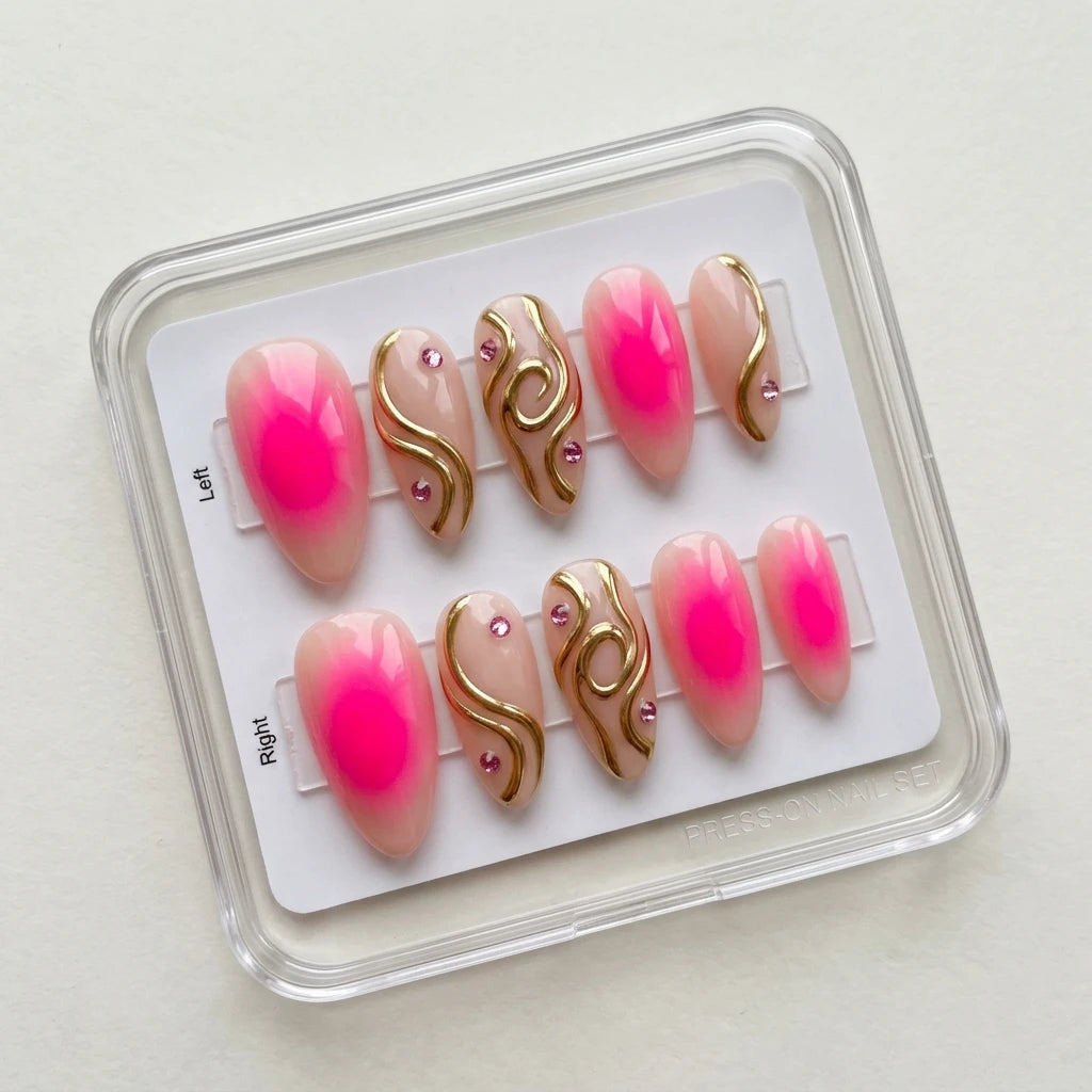 hot pink aura almond press on nails 3d gold swirl gemstone flat lay 01
