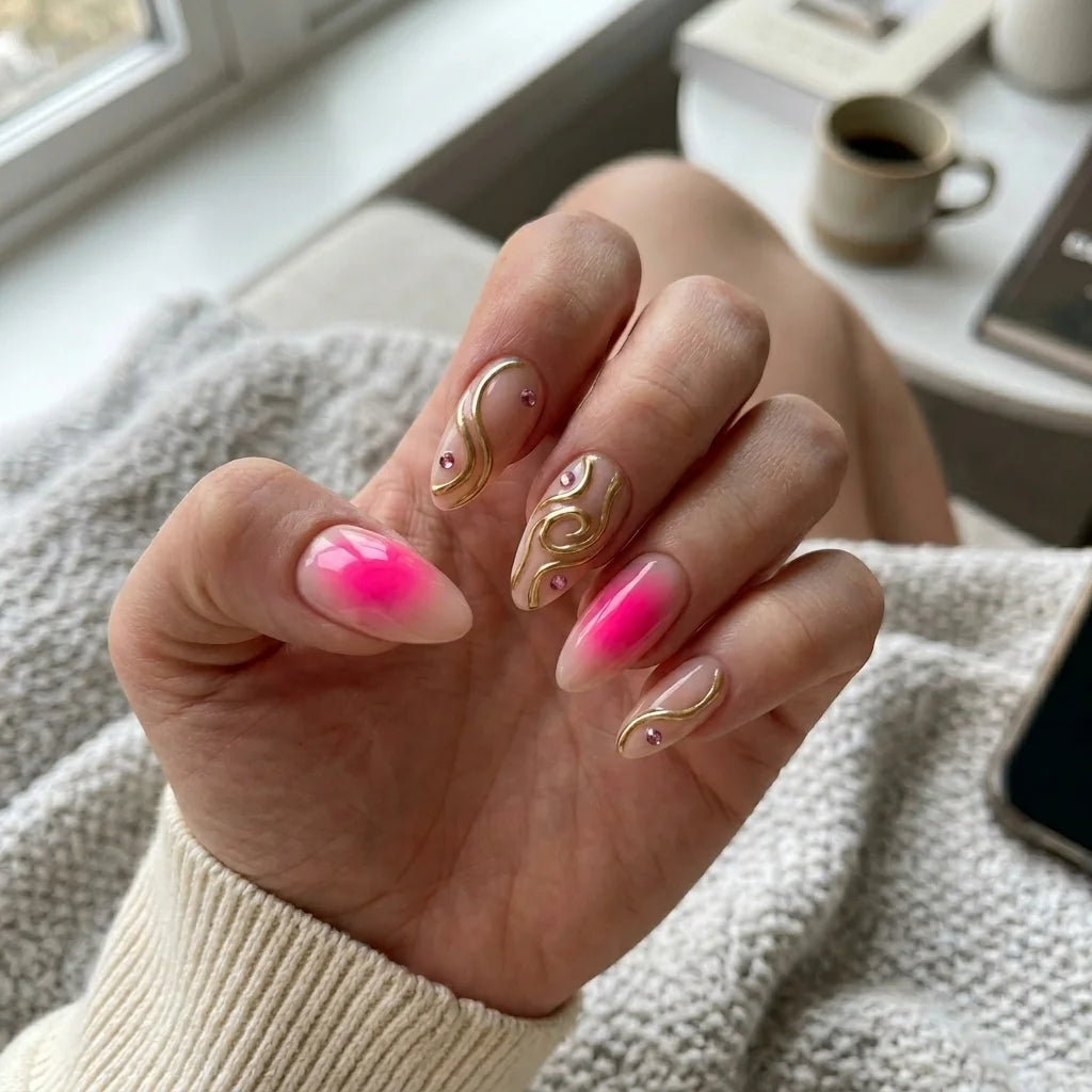 hot pink aura almond press on nails 3d gold swirl gemstone mockup 01