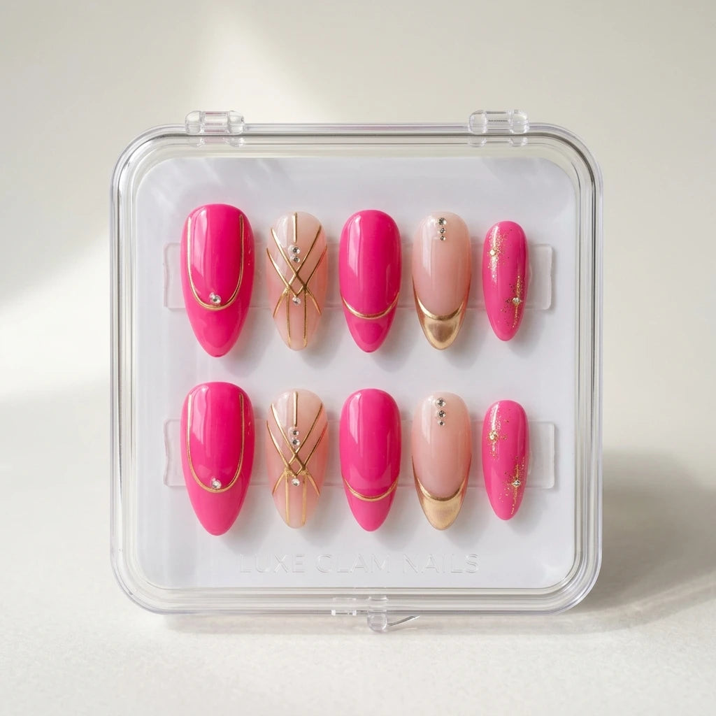 hot pink chrome tip almond press on nails gold geometric cross line lifestyle 01