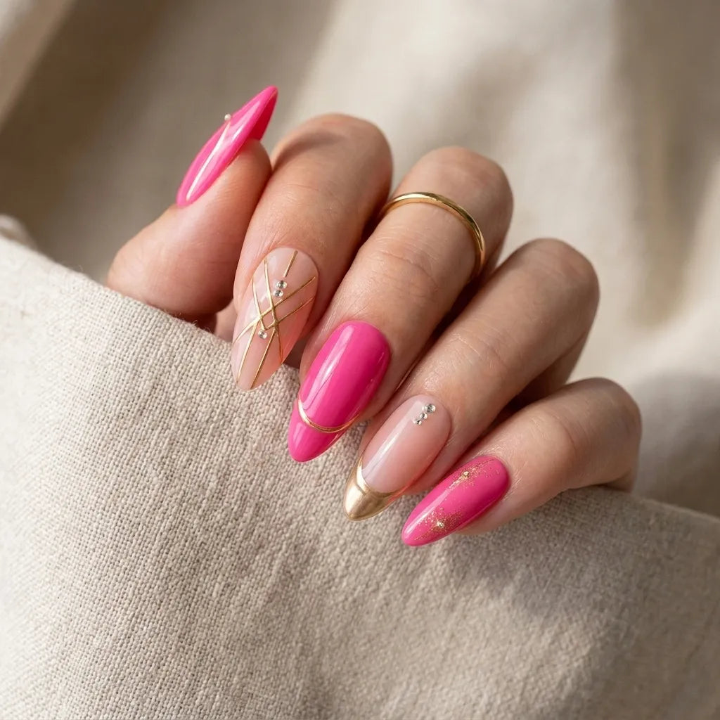 hot pink chrome tip almond press on nails gold geometric cross line mockup 01