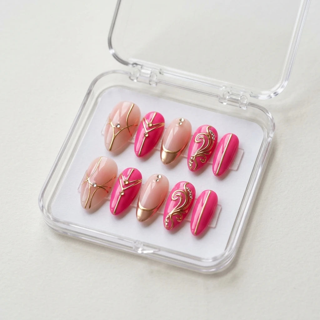 hot pink chrome tip almond press on nails gold geometric line lifestyle 01