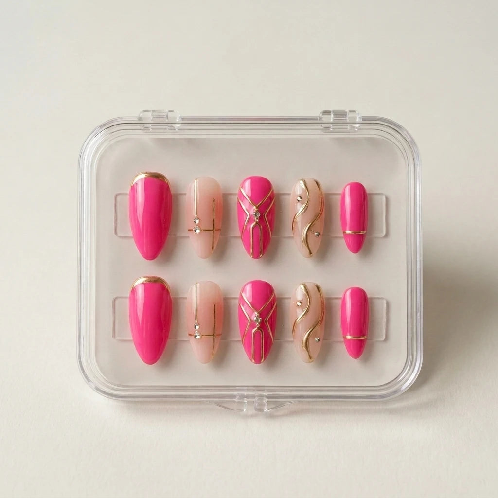 hot pink chrome tip almond press on nails gold geometric swirl line flat lay 01