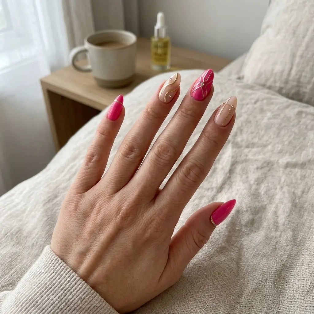 hot pink chrome tip almond press on nails gold geometric swirl line lifestyle 01