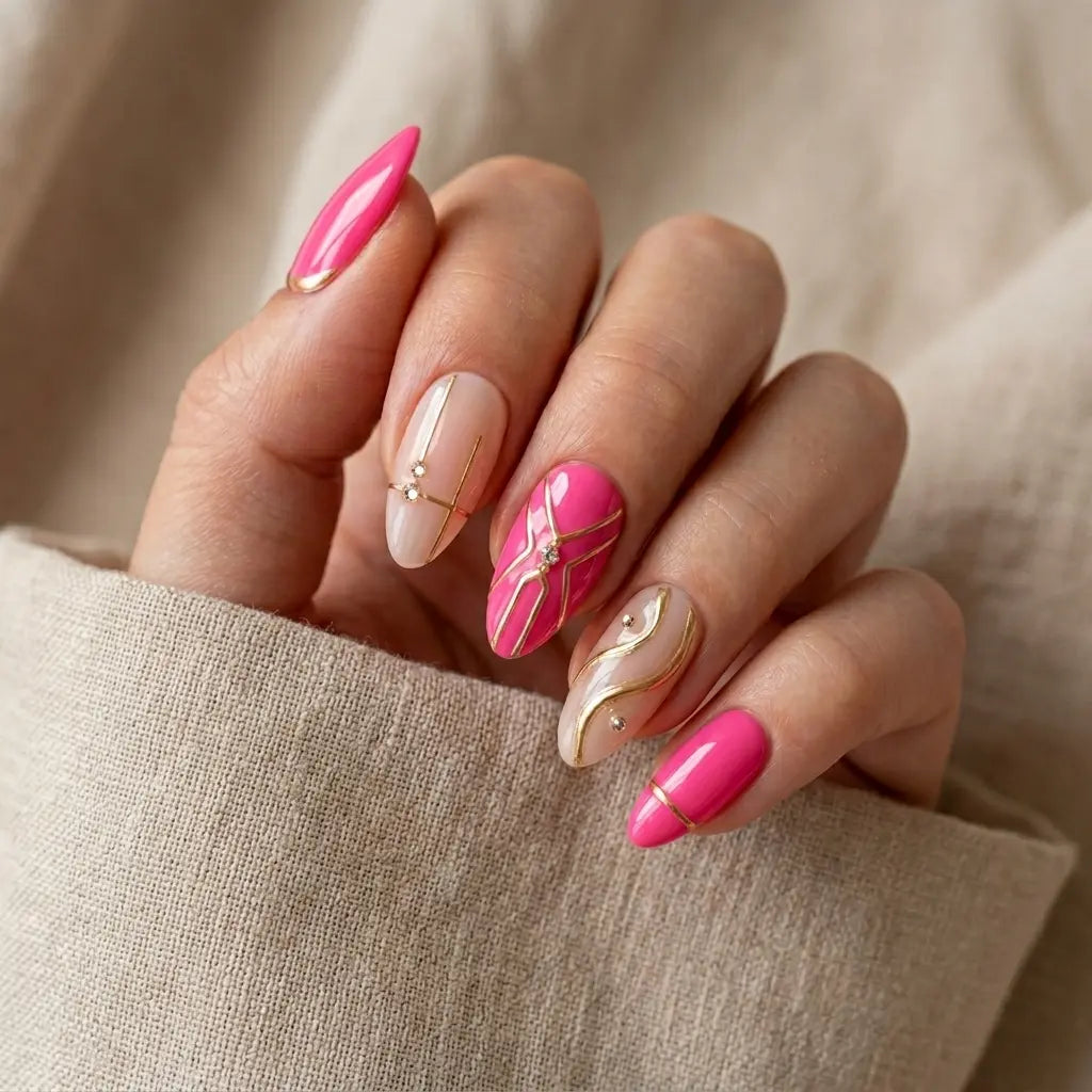 hot pink chrome tip almond press on nails gold geometric swirl line mockup 01