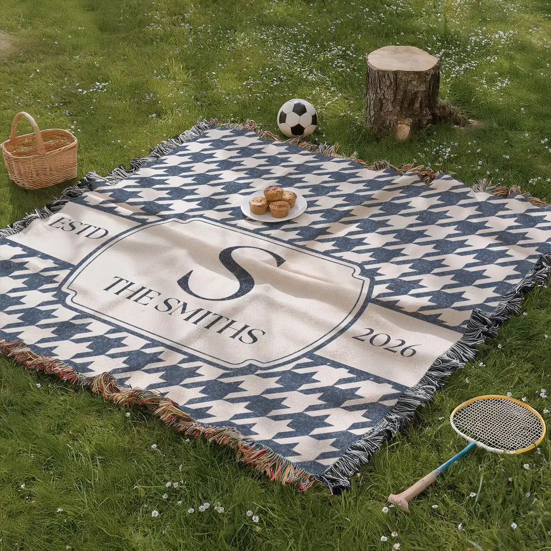 Personalized houndstooth panel woven blanket with monogram and fringe trim