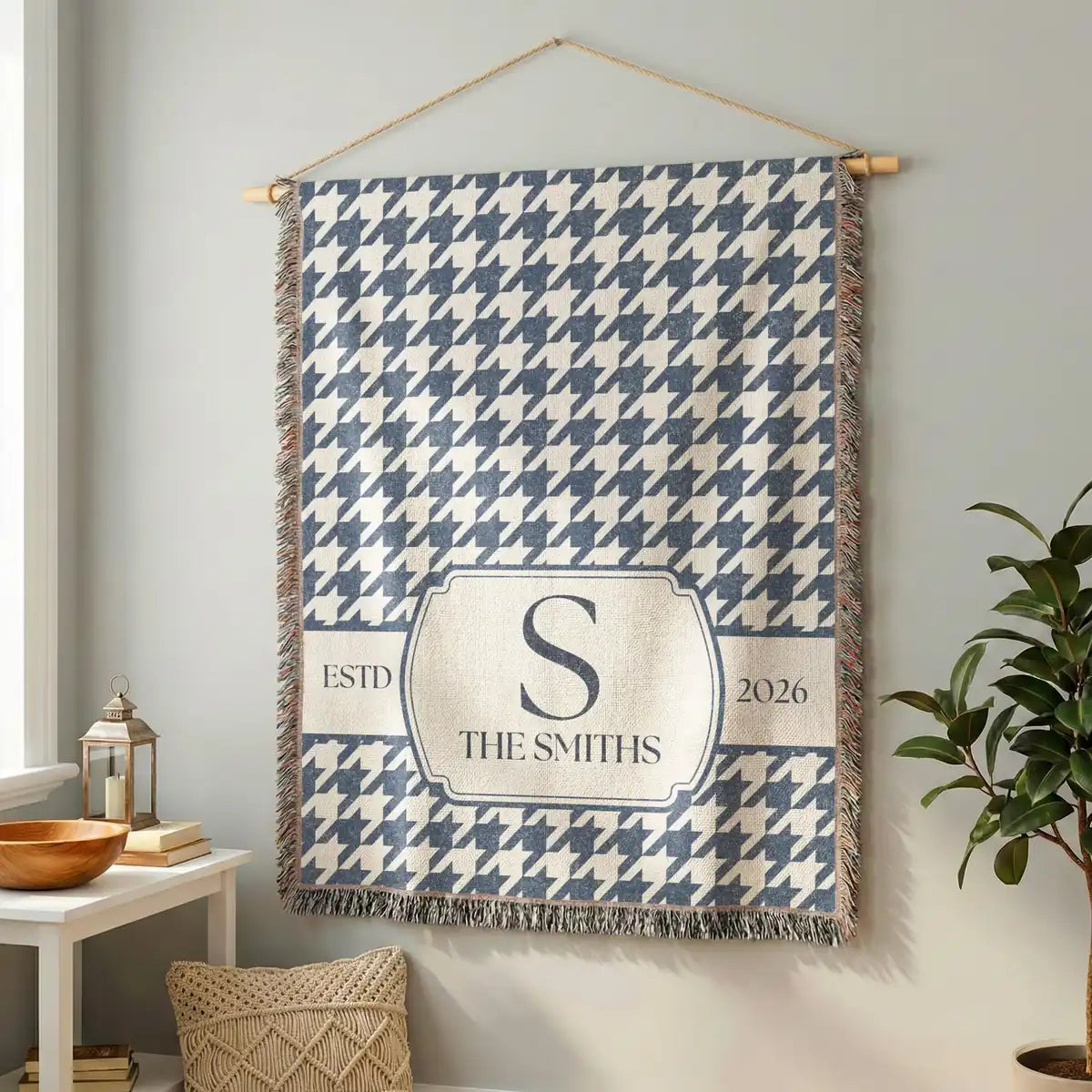 Product information card for the houndstooth panel woven blanket