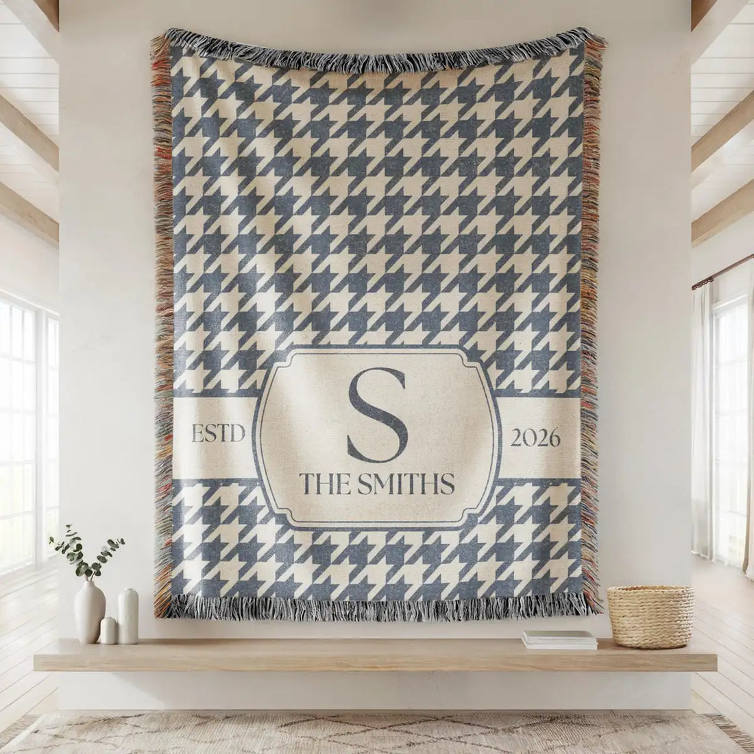 Personalized houndstooth panel woven blanket with monogram and fringe trim