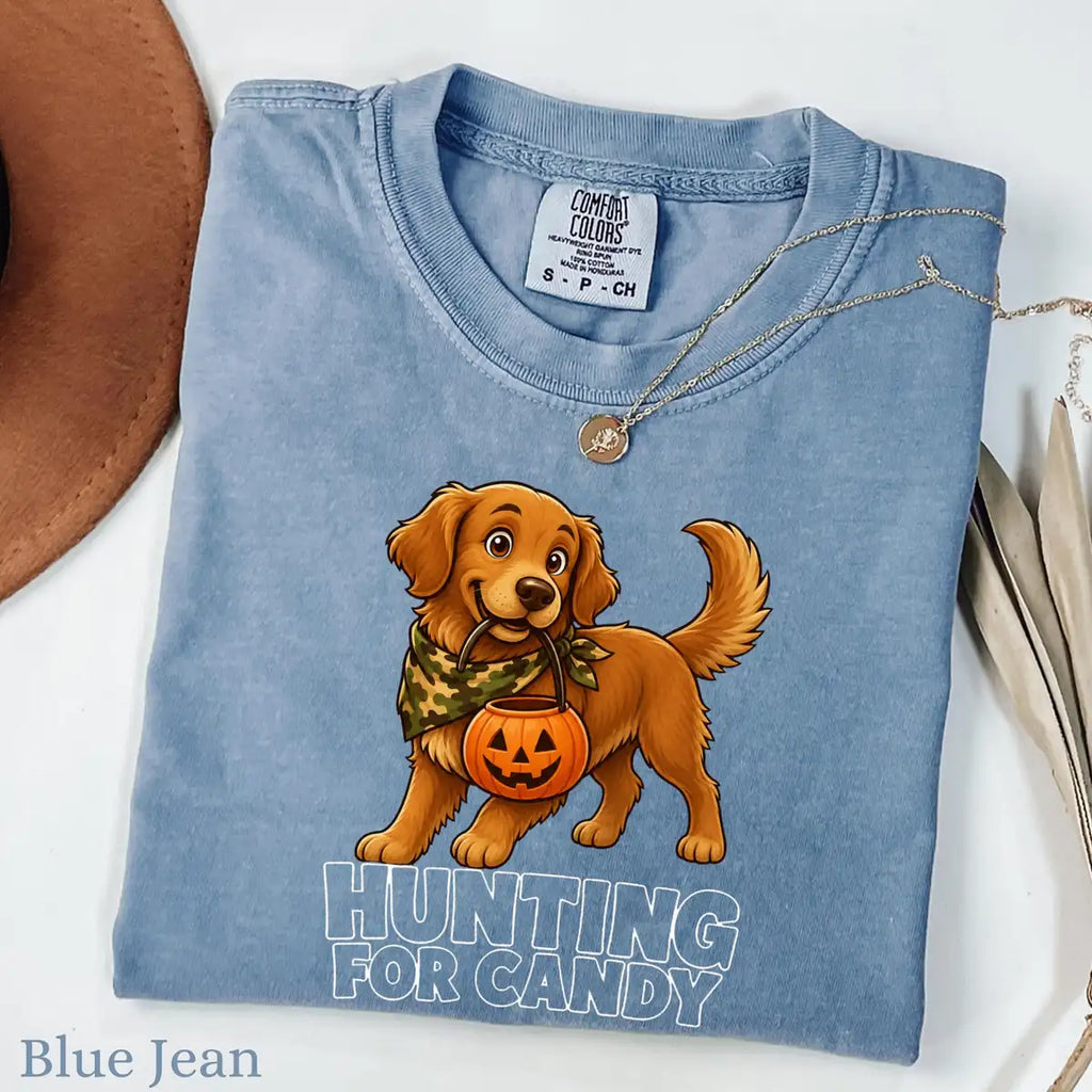 Blue Jean Comfort Colors T-shirt with Hunting For Candy Camo Dog - Puppy Halloween Comfort Colors T-Shirt Halloween artwork