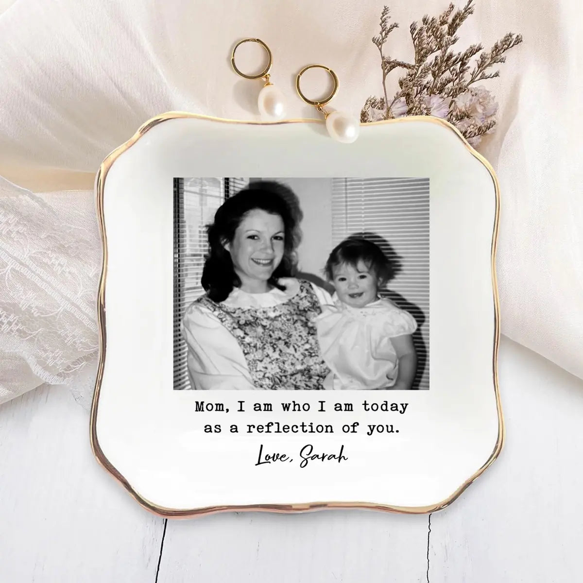 Custom photo mom ring dish displayed elegantly on wooden bedroom nightstand