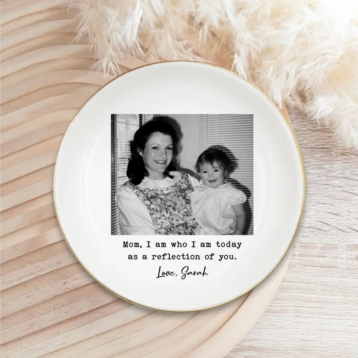Custom photo mom ring dish displayed elegantly on wooden bedroom nightstand