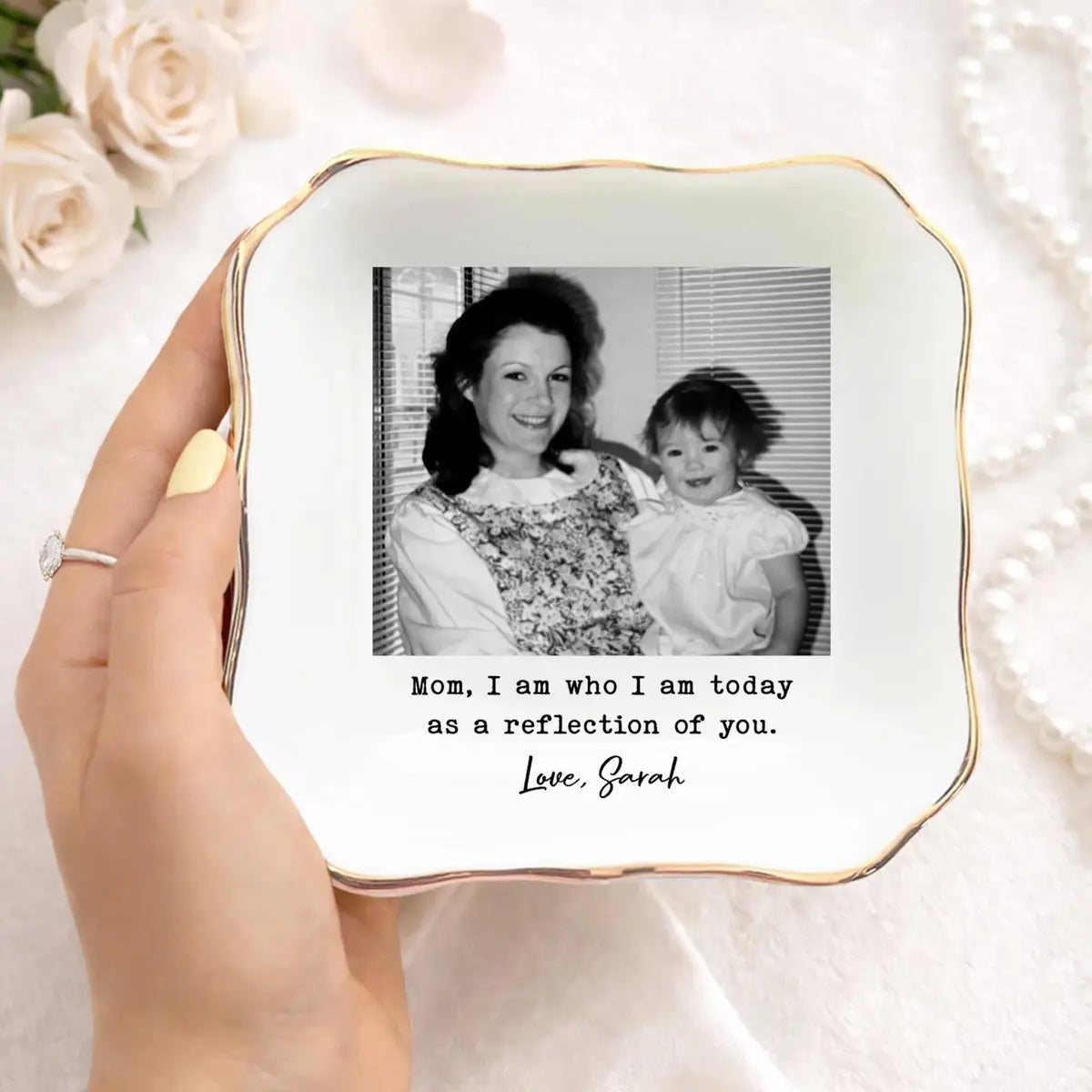 Custom photo mom ring dish displayed elegantly on wooden bedroom nightstand