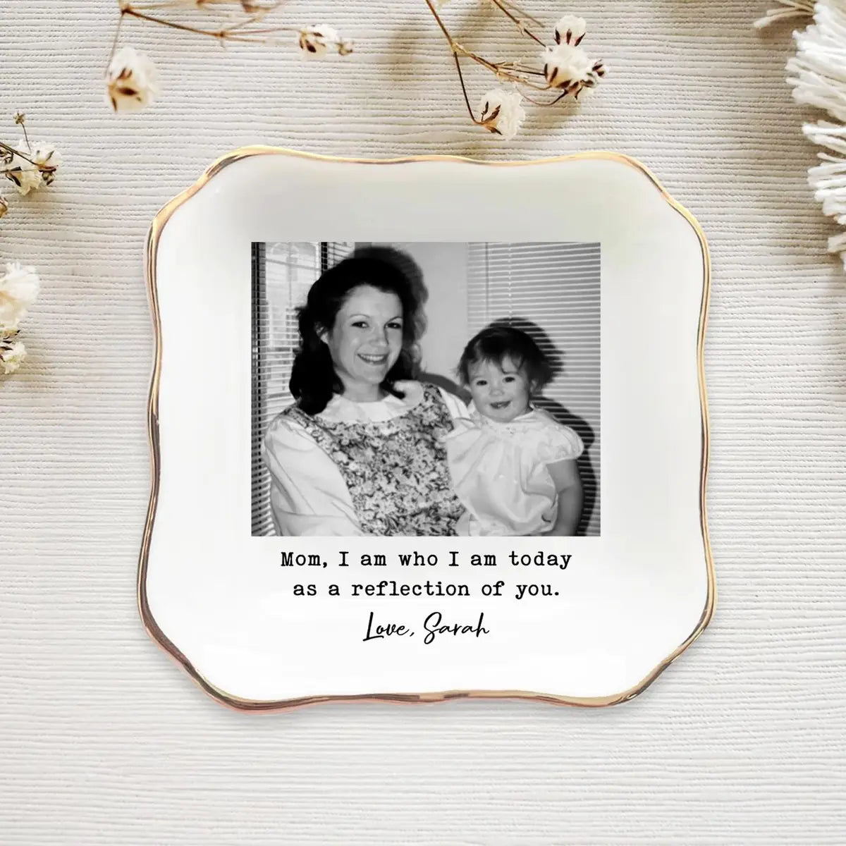 Custom photo mom ring dish displayed elegantly on wooden bedroom nightstand