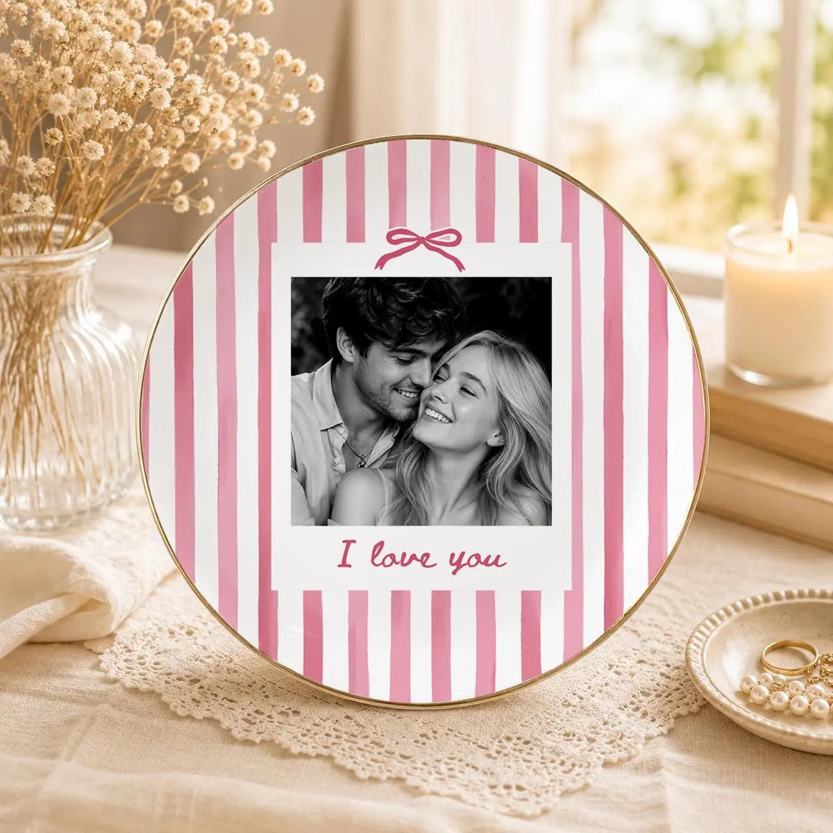 Personalized ceramic ring dish with custom photo and text for couple, main front view