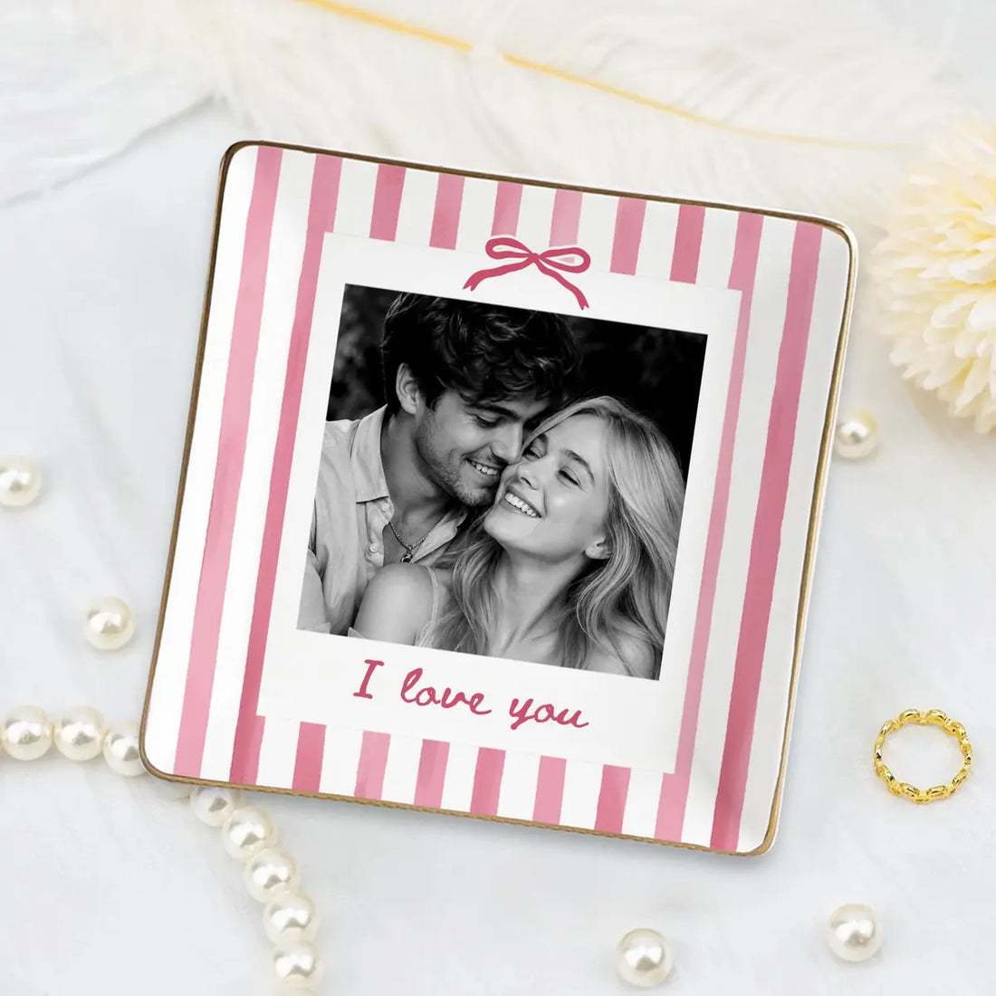 Custom photo couple ring dish displayed elegantly on wooden bedroom nightstand
