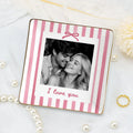Custom photo couple ring dish displayed elegantly on wooden bedroom nightstand