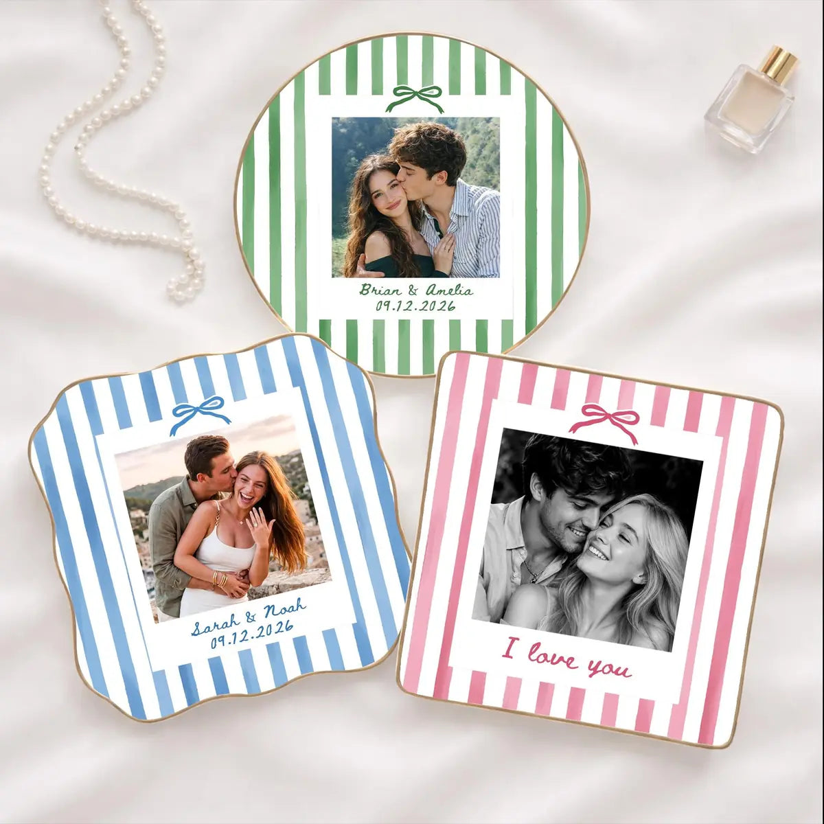 Custom photo couple ring dish displayed elegantly on wooden bedroom nightstand