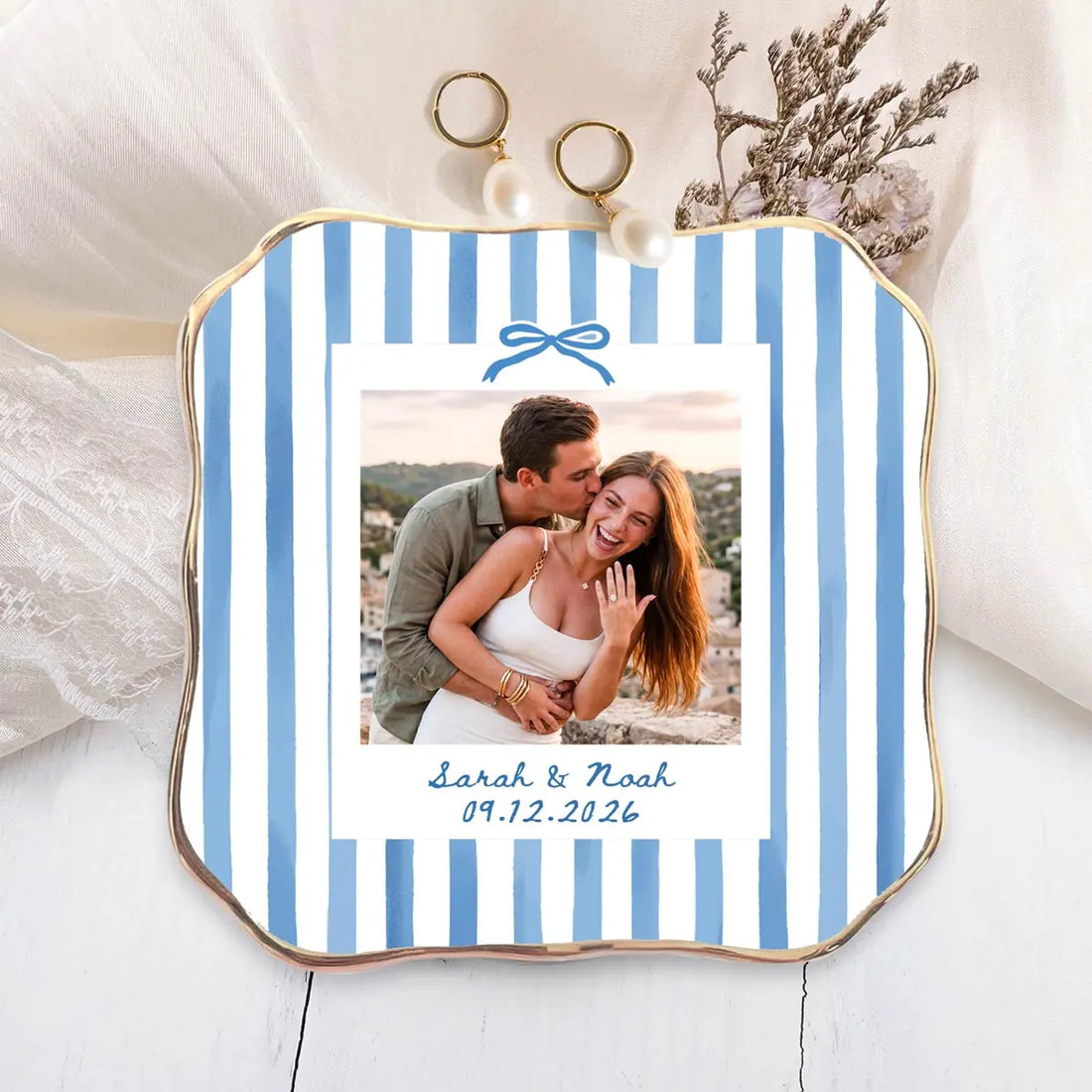 Custom photo couple ring dish displayed elegantly on wooden bedroom nightstand
