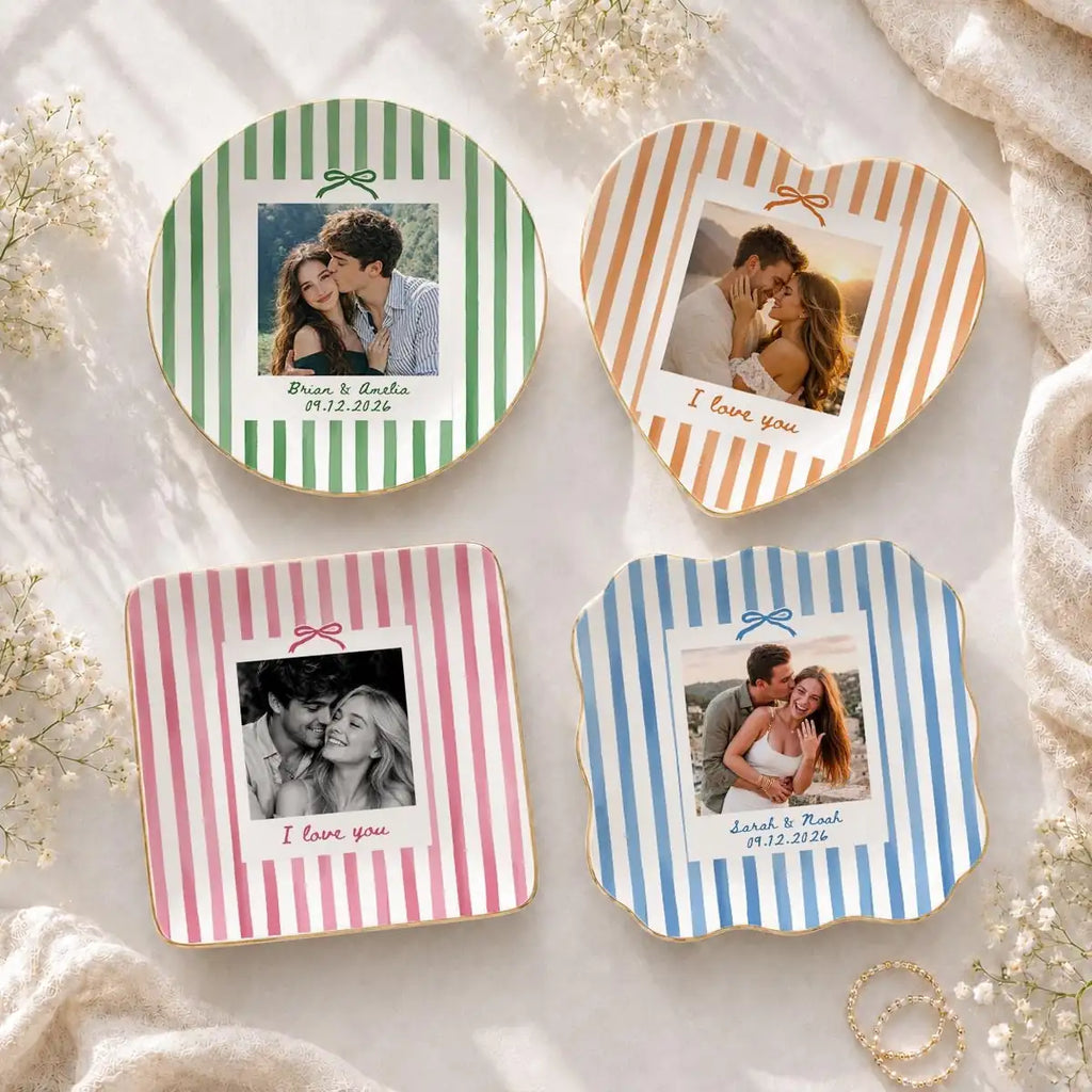 Custom photo couple ring dish displayed elegantly on wooden bedroom nightstand