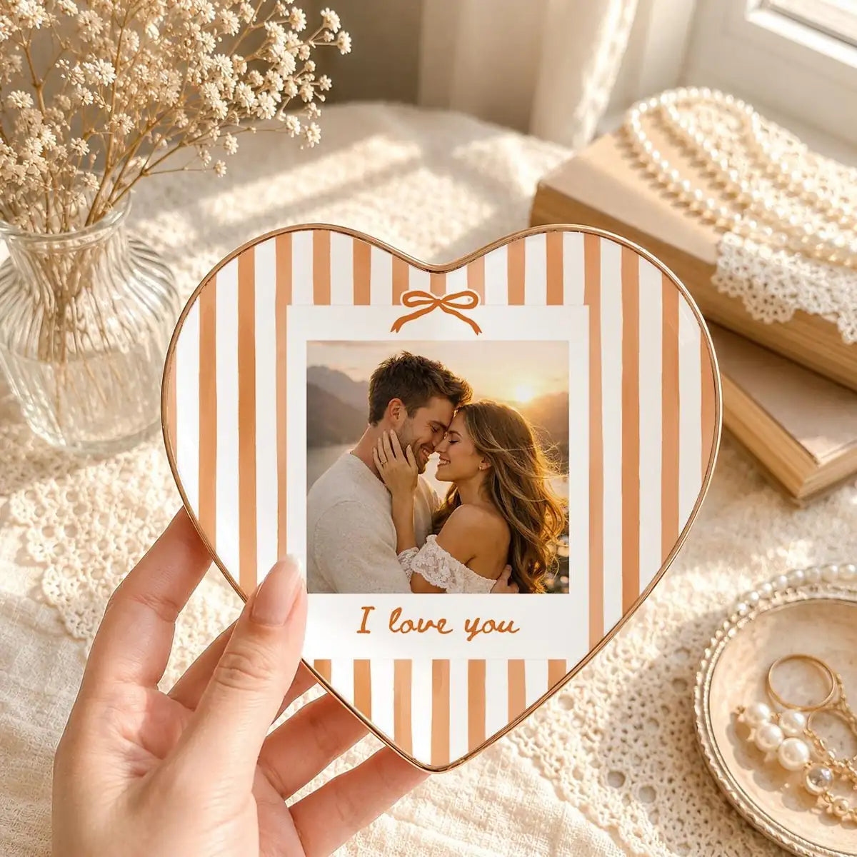 Custom photo couple ring dish displayed elegantly on wooden bedroom nightstand