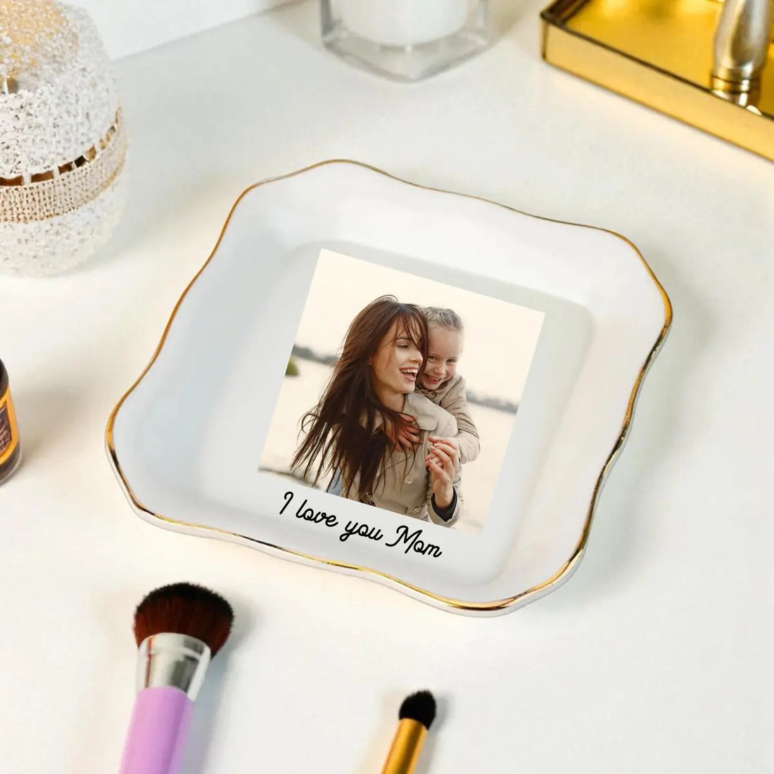 Custom photo mom ring dish displayed elegantly on wooden bedroom nightstand