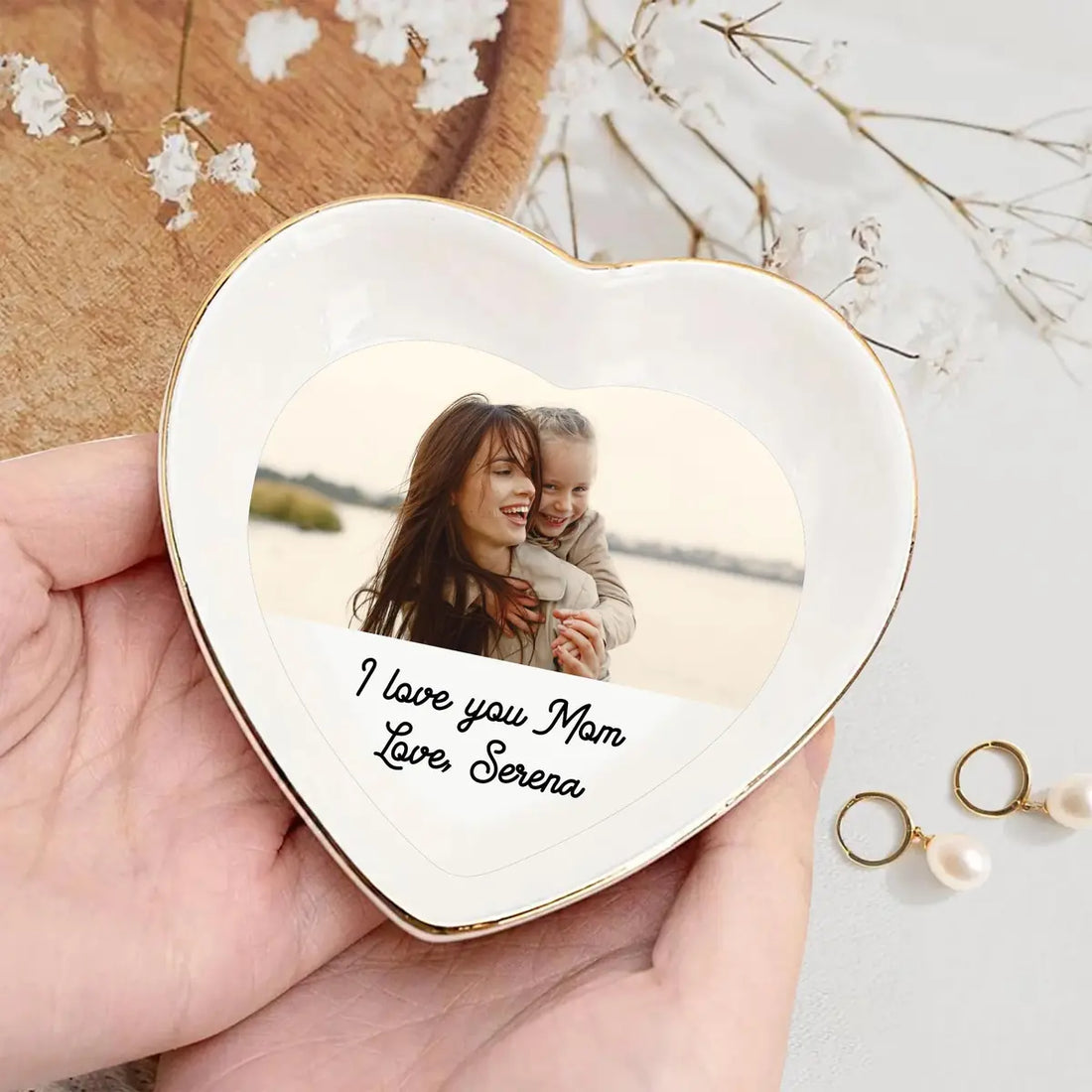 Custom photo mom ring dish displayed elegantly on wooden bedroom nightstand