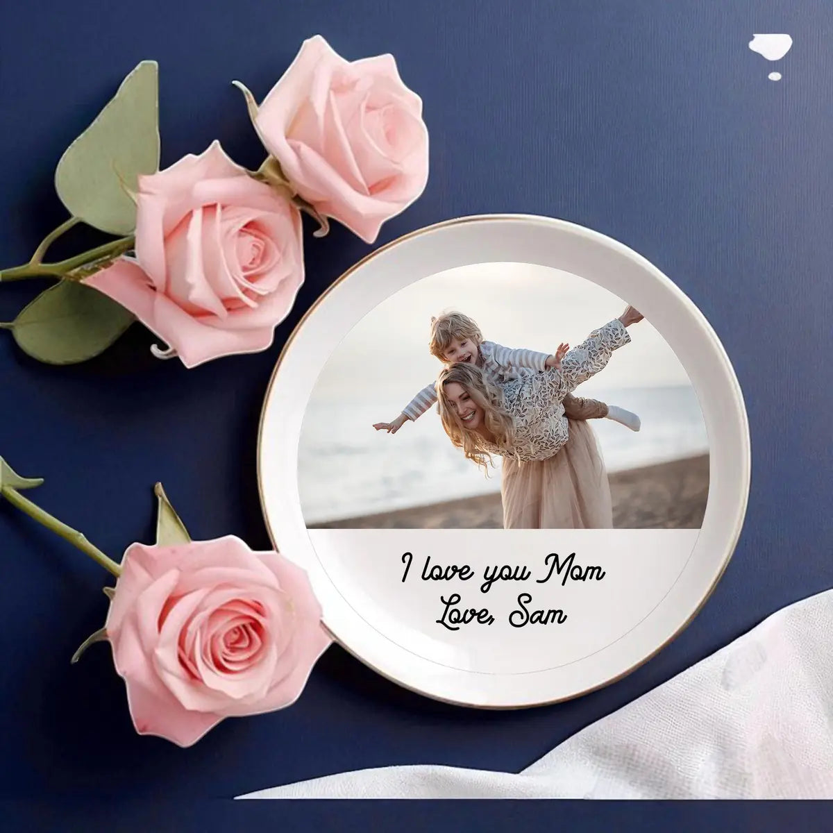 Custom photo mom ring dish displayed elegantly on wooden bedroom nightstand