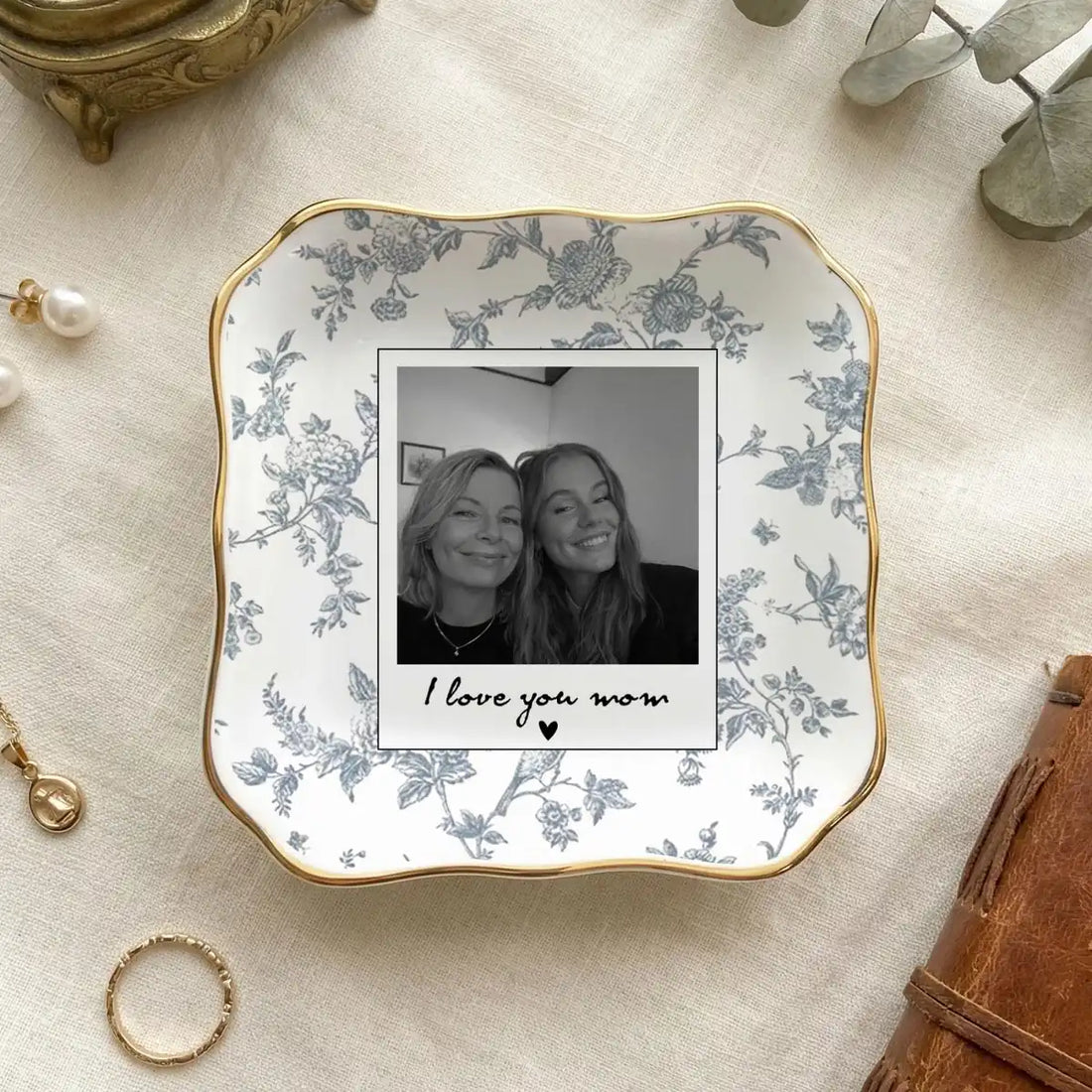 Personalized ceramic ring dish with custom photo and text for mom, main front view