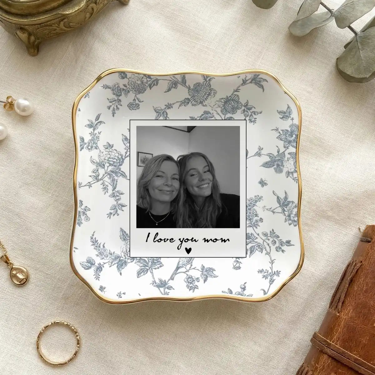 Personalized ceramic ring dish with custom photo and text for mom, main front view