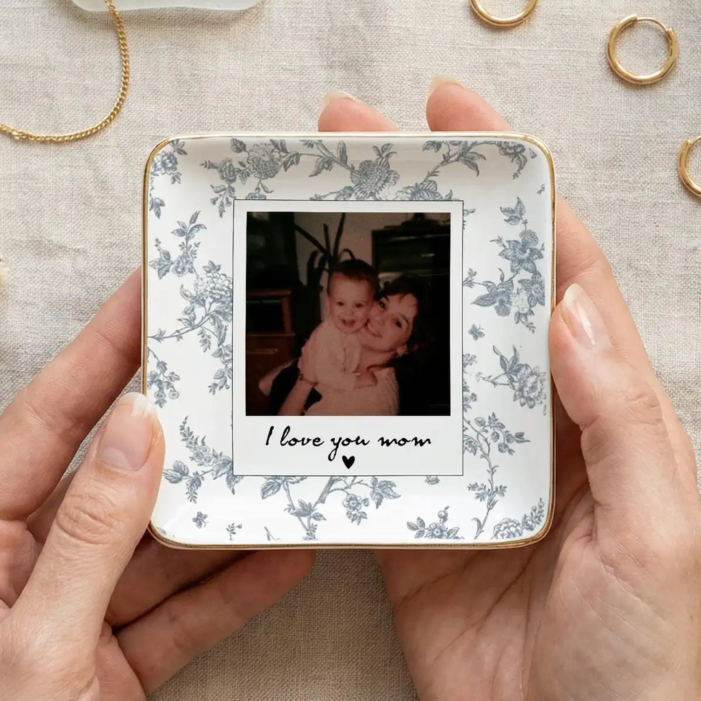 Personalized ceramic ring dish with custom photo and text for mom, main front view