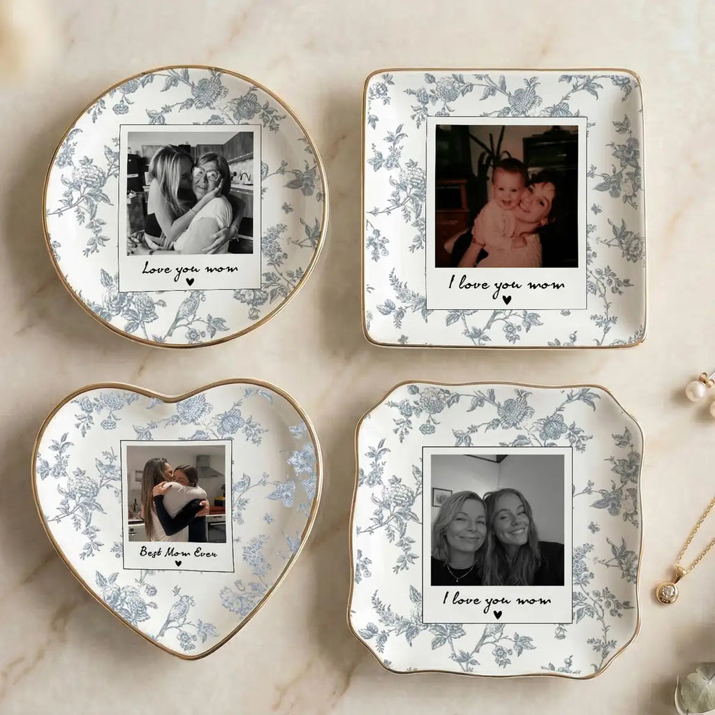 Custom photo mom ring dish displayed elegantly on wooden bedroom nightstand