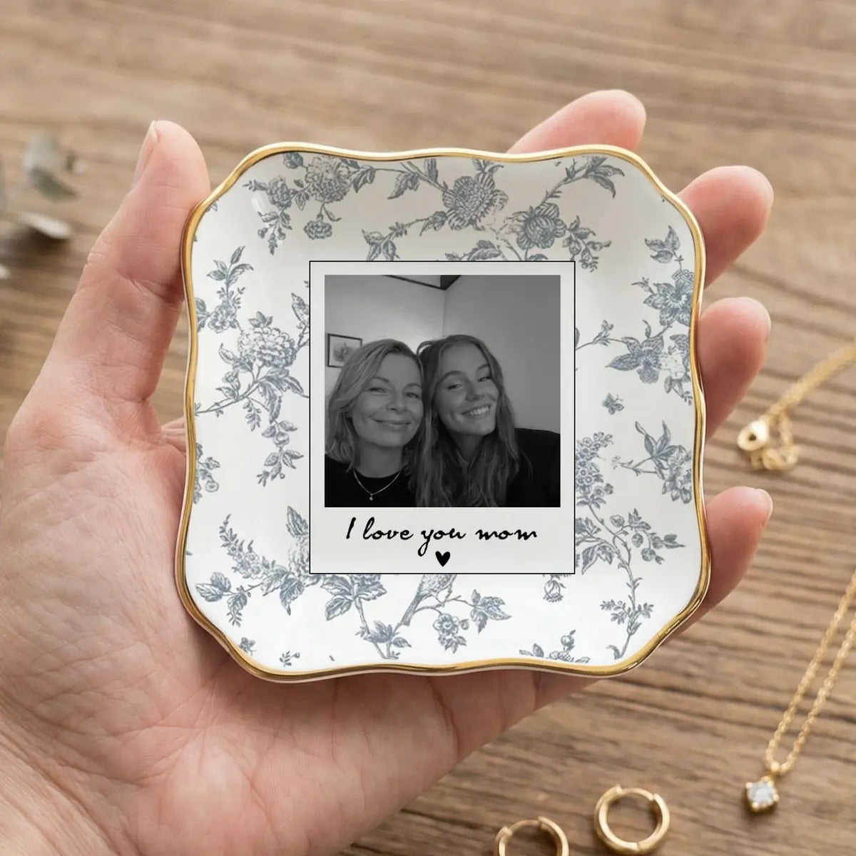 Custom photo mom ring dish displayed elegantly on wooden bedroom nightstand