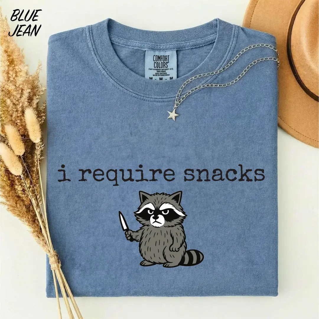 I Require Snacks Raccoon graphic Comfort Colors T-shirt, additional product photograph.