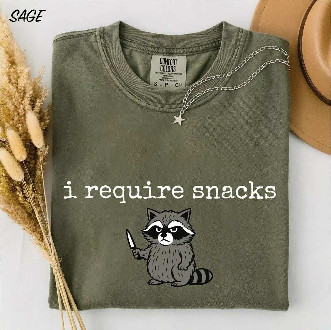 I Require Snacks Raccoon graphic Comfort Colors T-shirt, additional product photograph.