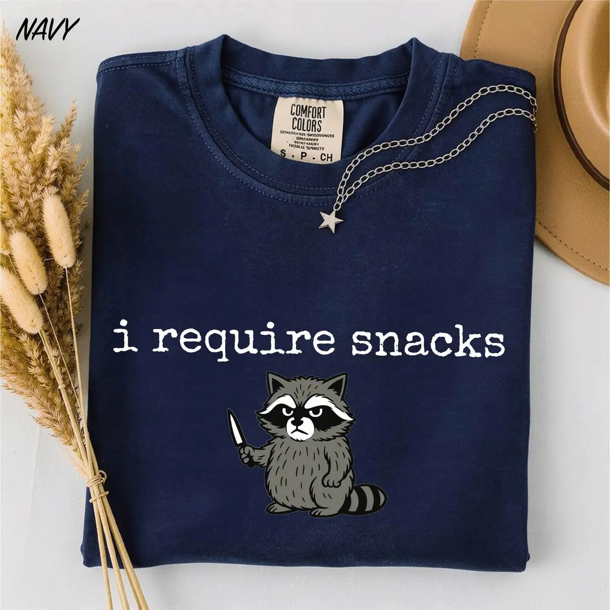 I Require Snacks Raccoon graphic Comfort Colors T-shirt, additional product photograph.