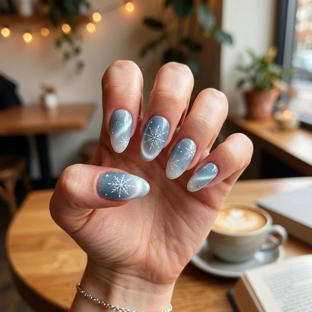 ice blue silver white cat eye almond press on nails winter snowflake glitter detail 03